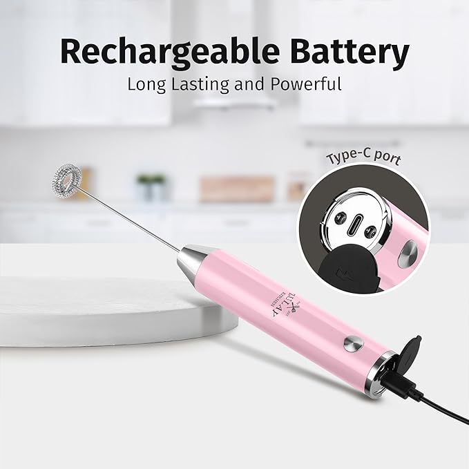 Zulay Kitchen Lux Rechargeable Milk Frother Handheld - Powerful 2-Speed Motor, Fully Waterproof, 2000mAh Battery - Drink Mixer For Latte, Cappuccino, Matcha, Protein Powder - Pink