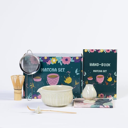 Matcha Whisk Set - 7pcs Japanese Tea Ceremony Kit with Spouted Bowl & Bamboo Whisk, Matcha Starter Kit for Beginners - Authentic Green Tea Accessories, Gift Set for Lovers-Pale Yellow