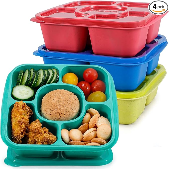 Caperci Original Bento Snack Box Containers - Reusable 5-Compartment Lunchable Food Storage Containers for School, Work and Travel, BPA-Free, Set of 4 (Jewel Bright)