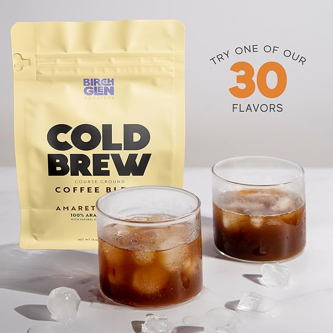 Birch Glen Roasters Cold Brew Coffee | Flavored Coarse Ground Coffee | Medium Roast | Artisanal Roasting | 100% Arabica |1 LB Bag | Amaretto Royale
