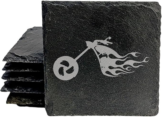Ride The Fire: Flaming Chopper Motorcycle Coasters - Square Slate - Set of 8