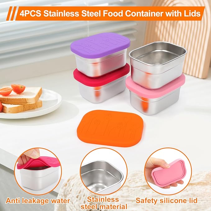 4 Pack Stainless Steel Snack Containers with Lids Set, 8 oz Rectangular Easy Open Leakproof Reusable Snack Box Container for Lunch, Small Lunch Food Containers for Meal Prep, Salad Dressing To Go