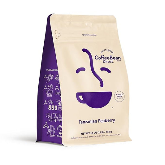 Coffee Bean Direct Tanzanian Peaberry, Whole Bean Coffee, Light Roast, 1 Pound Bag (Pack of 1)