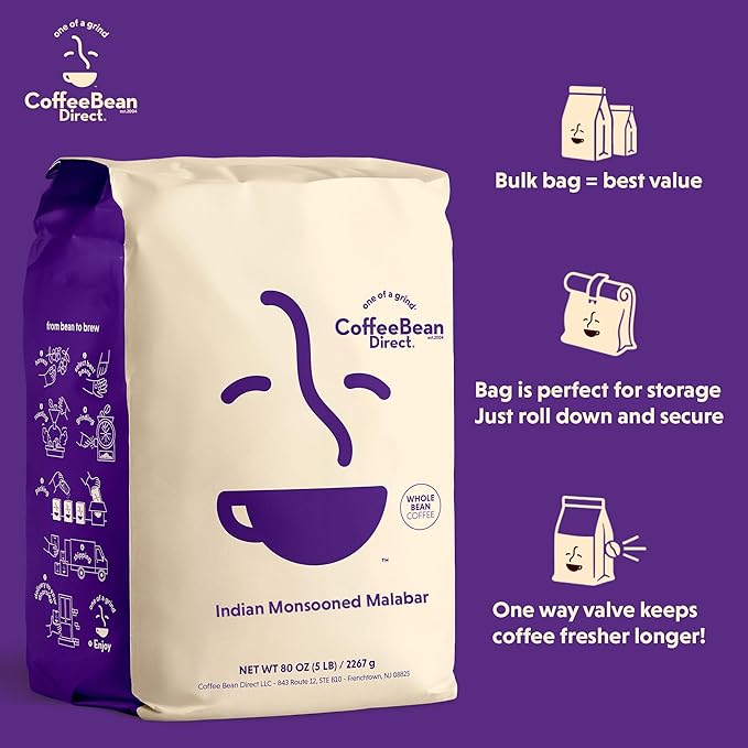 Coffee Bean Direct Indian Monsooned Malabar, Whole Bean Coffee, Arabica Coffee, Light Roast, 5 Pound Bag (Pack of 1)