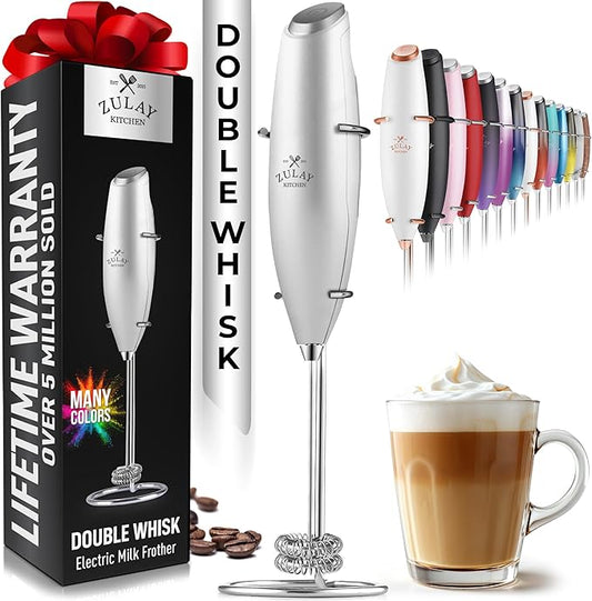 Zulay Kitchen Powerful Double Whisk Milk Frother Handheld - Foam Maker With Stand - Whisk Drink Mixer for Coffee, Mini Foamer for Latte, Matcha, Frappe, Hot Chocolate & Cappuccino (Silver)