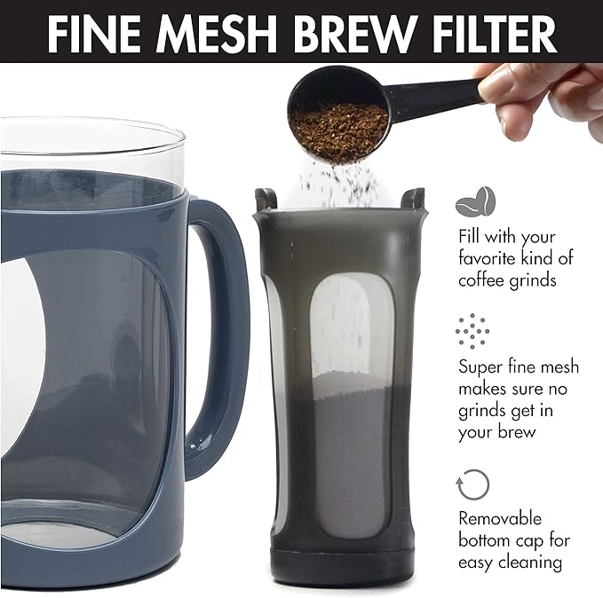 Primula Burke Deluxe Cold Brew Iced Coffee Maker, Comfort Grip Handle, Durable Glass Carafe, Removable Mesh Filter, Perfect 6 Cup Size, Dishwasher Safe, 1.6 qt, Blue