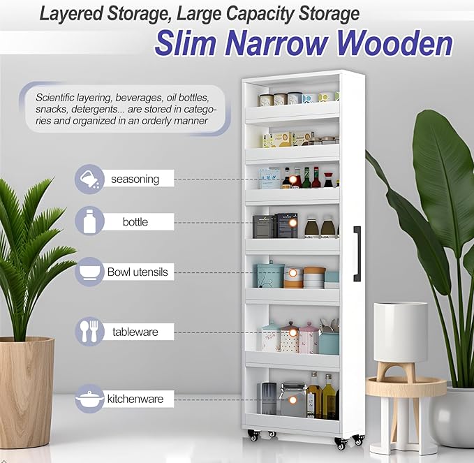 7-Tier Slim Storage Cart, Wooden Rolling Pantry Cabinet with Wheels, Narrow Shelf Organizer for Kitchen, Bakers Rack, Dining Room, Closet, Small Spaces Gray 47.2" H*7.8" W*16.9" D