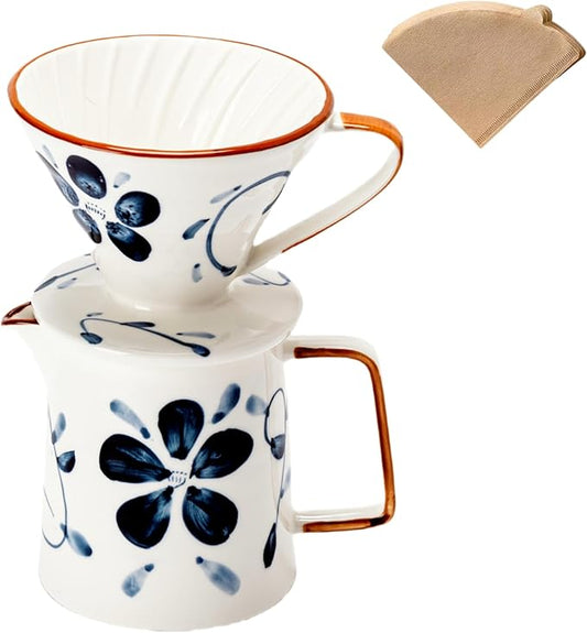 Pour Over Coffee Maker,Ceramic Coffee Maker With 40 pcs Paper Filter，15oz/450ml Pour Over Coffee Dripper (Blue and white, V02)