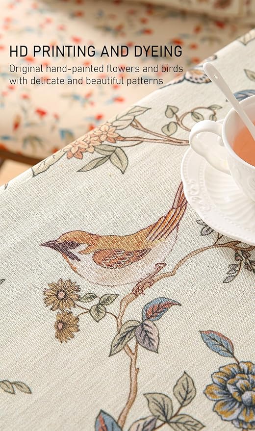 ISAENNE Designer French Light Beige Extra Long Rectangle Tablecloth,Linen Florals and Birds Pattern Table Cloth,Durable Decorative Tablecloths for Dining Thanksgiving Kitchen,63"*110"-Cornucopia
