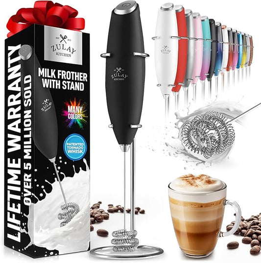 Zulay Kitchen Tornado Milk Frother Handheld Wand – Electric Coffee Frother with Triple Whisk & Stand – Hand Held Drink Mixer for Latte, Cappuccino, Matcha, Hot Chocolate, Protein Shakes – Black