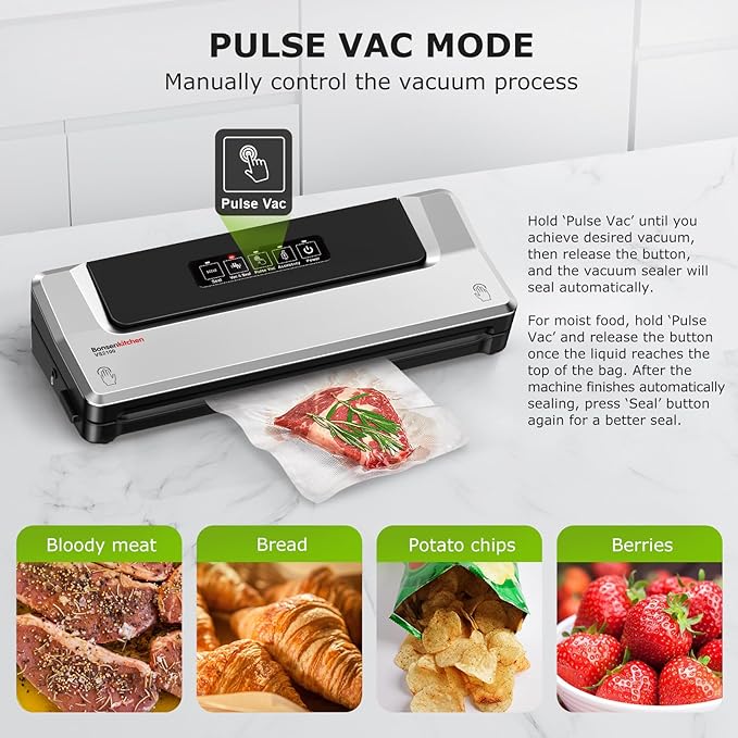 Bonsenkitchen Vacuum Sealer Machine with 40 Bags | Compact Food Sealer for Kitchen Storage & Meal Prep | Multiple Modes | External Vacuum System, Silver