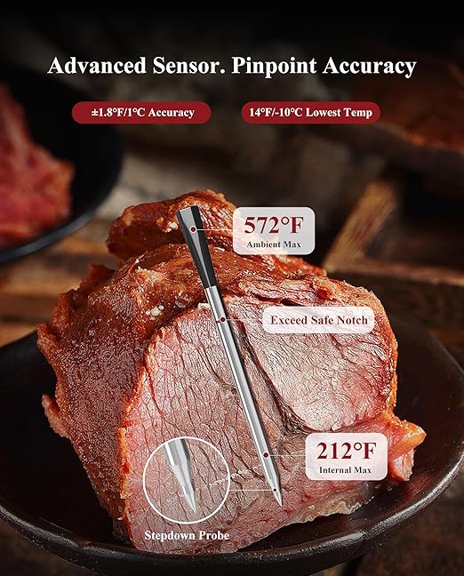 Wisebee Meat Thermometer Digital Wireless,328FT Smart Bluetooth Probe Waterproof Thermometer with Remote Monitoring| Real-Time Readings| Rechargeable LCD Booster| Dual Alarm| App Controlled| Cooking