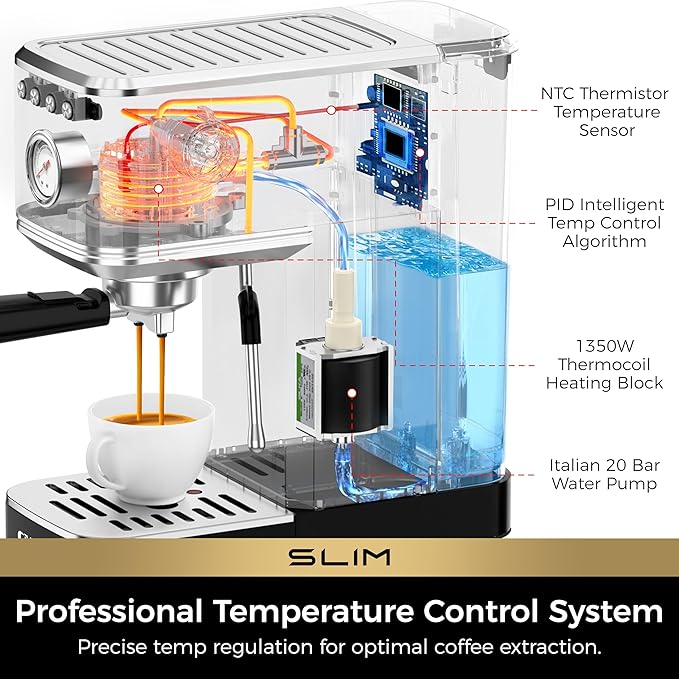 CHULUX Slim Espresso Machine with Milk Frother Steam Wand, 20 Bar Professional Italian Pump Espresso Coffee Machine for Home Cappuccino & Latte Maker, Stainless Steel Black