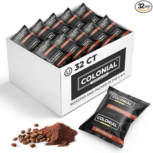 Colonial Coffee 32 Count Single Pot Coffee Packets – 100% Arabica Dark Roast | Pre-Measured Frac Packs for 12 Cup Maker | Bulk Ground Gourmet Coffee for Home & Office