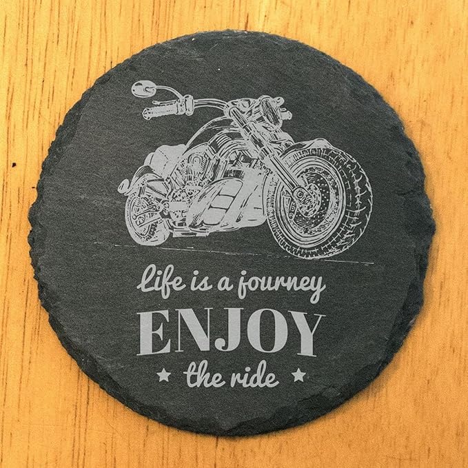The Open Road Awaits: Motorcycle Coasters with Inspirational Quote - Round Slate - Set of 4