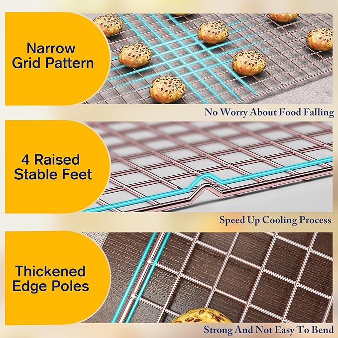 2-Pack Cooling Racks for Cooking and Baking - 10" x 15"Heavy Duty Stainless Steel Wire Rack for Baking, Grilling, Roasting - Oven & Dishwasher Safe - Fits Jelly Roll Sheet Pan（Rose Gold）