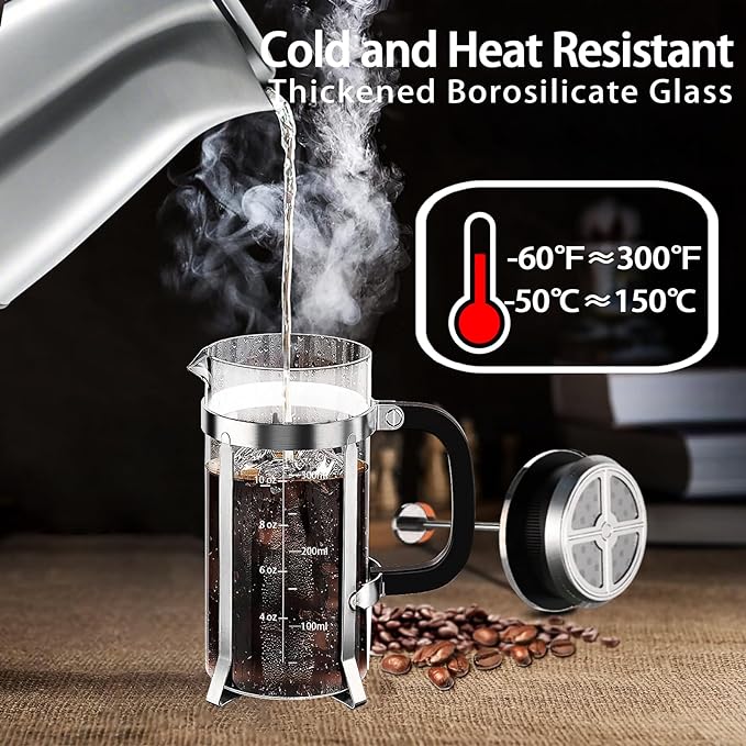 French Press Coffee Maker 304 Stainless Steel Coffee Press,with 4 Filters System, Heat Resistant Thickness Borosilicate French Press Glass, BPA-Free Brewed Tea Pot Coffee Plunger(Copper 12oz)