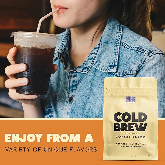 Birch Glen Roasters Cold Brew Coffee | Flavored Coarse Ground Coffee | Medium Roast | Artisanal Roasting | 100% Arabica |1 LB Bag | Amaretto Royale