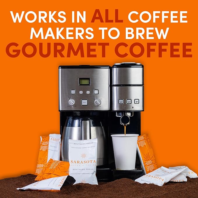 Sarasota Coffee Ground Packets | Gourmet Flavored Medium Roast Bulk Coffee Packs | Southern Texas Butter Pecan | Low Acid Mold Free Individual Pouches for 12 Cups Maker | 2 Ounce Bags, 36 Count