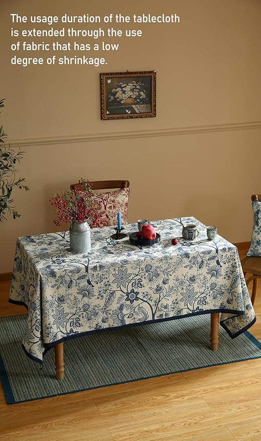 ISAENNE Designer French Linen Table Cloth for Rectangle Table,Blue Floral Washable Indoor Tablecloth,Durable Home Decor Tablecloths for Dining Thanksgiving Kitchen Party Christmas,55"*79"-Ruyi B