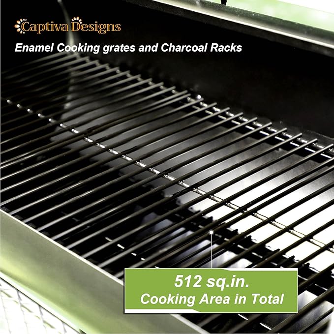 Captiva Designs Charcoal Grill with Offset Smoker, All Metal Steel Made Outdoor Smoker, 512 sq.in Cooking Area, Best Combo for Outdoor Garden Patio and Backyard Cooking