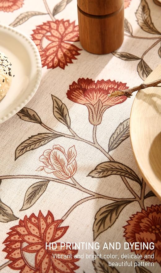 ISAENNE Designer French Extra Long Rectangular Tablecloth,Linen Orange Floral Pattern Indoor Table Cloth,Wrinkle Resistant Decor Table Cloth for Dining Thanksgiving Kitchen,63"*110"-Alvarado D