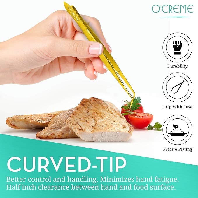 O'Creme Curved Tweezers 6.25 Inch Fine-Point Stainless Steel, Gold