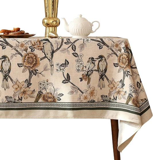 ISAENNE Designer Vintage Linen Extra Long Tablecloth Rectangle,Floral and Bird Pattern Elegant Table Cloth,Fall Wrinkle Resistant Decor Tablecloths for Dining Kitchen Christmas,67"*118"-Murad A