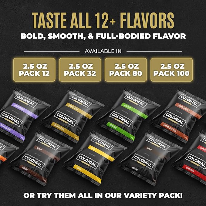 Colonial Coffee 100 Count Single Pot Coffee Packets – 100% Arabica Donut Shop Blend Medium Roast | Pre-Measured Frac Packs for 12 Cup Maker | Bulk Ground Gourmet Coffee for Home & Office