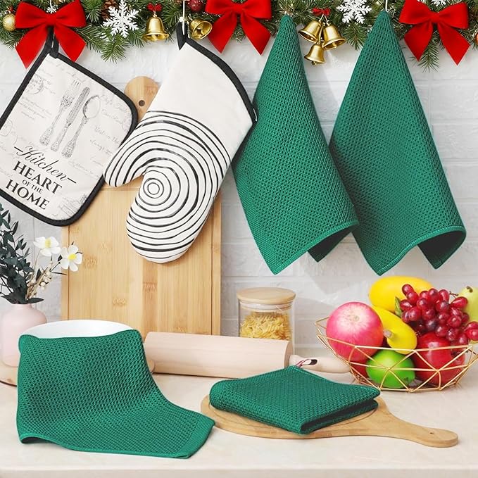 Homaxy 100% Cotton Waffle Weave Kitchen Dish Cloths, Ultra Soft Absorbent Quick Drying Dish Towels, 12 x 12 Inches, 6-Pack, Dark Green