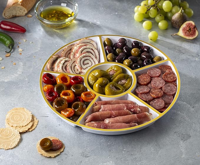 Plasticpro 6 Sectional Round Plastic Serving Tray/Platter (2, White & Gold)