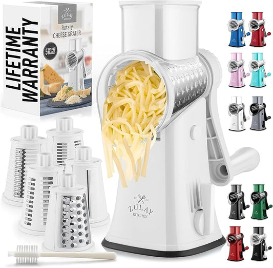 Zulay Kitchen Rotary Cheese Grater 5 Blade Cheese Shredder - Manual Hand Crank Cheese Grater With Reinforced Suction & 5 Interchangeable Drums - Easy to Use, Vegetable Chopper Round Mandoline Slicer