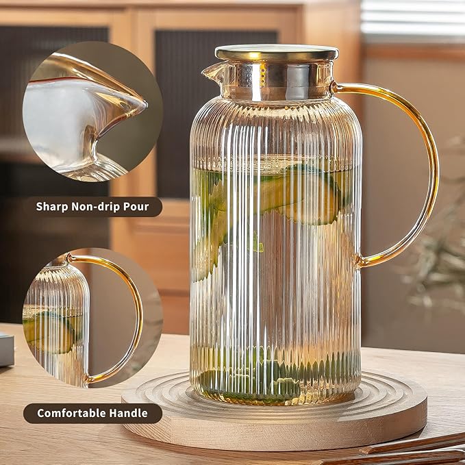 Glass Pitcher with Lid, 84oz/2.5 Liter Amber Classic Vertical Stripes Water Pitcher,Glass Water Carafe for Cold Brew, Coffee, Lemonade, Iced Sun Tea,Beverage, Milk, Heat Resistant