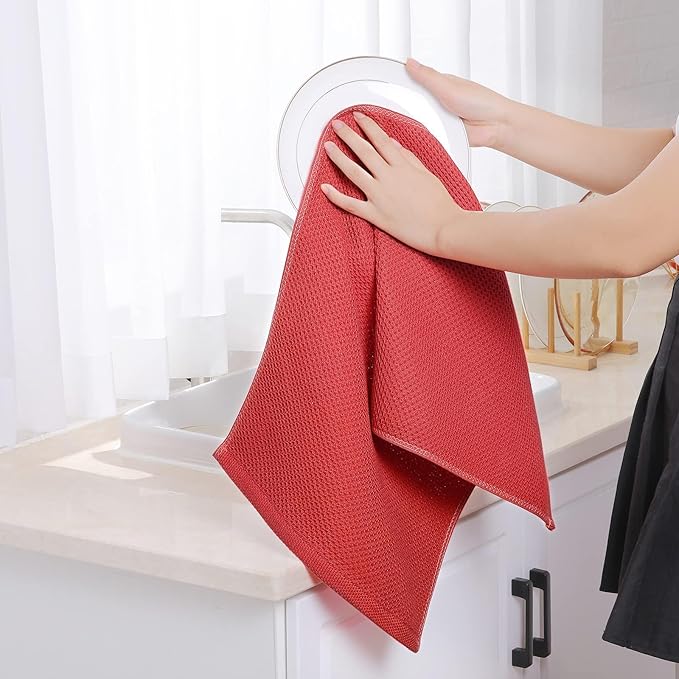 Homaxy 100% Cotton Waffle Weave Kitchen Dish Towels, Ultra Soft Absorbent Quick Drying Cleaning Towel, 13 x 28 Inches, 12-Pack, Brick Red