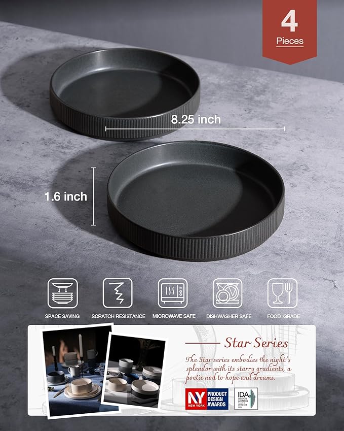famiware Star 8.25" Pasta Bowls, Large Dinner Bowls Set of 4, Salad Bowl Plates, Shallow Bowls for Eating, Matte Dark Charcoal (Full Glaze)