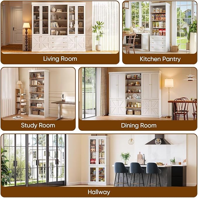 70.8" Tall Farmhouse Kitchen Pantry Cabinet with Glass Doors, Modular Storage Cabinet with 6-Tier Adjustable Shelves, White, Wooden Hutch for Kitchen, Living Room, Set of 4