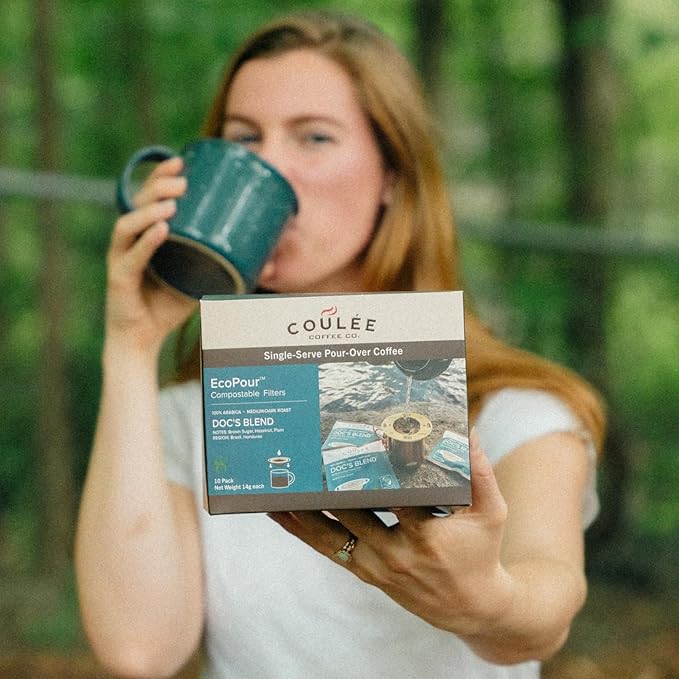 Coulée EcoPour B.I.O.N. Coffee, Single Serve Pour Over Decaffeinated Coffee, for Camping or Traveling, Pre Filled Compostable Filters, Ready to Brew with Hot Water, 20 Pack