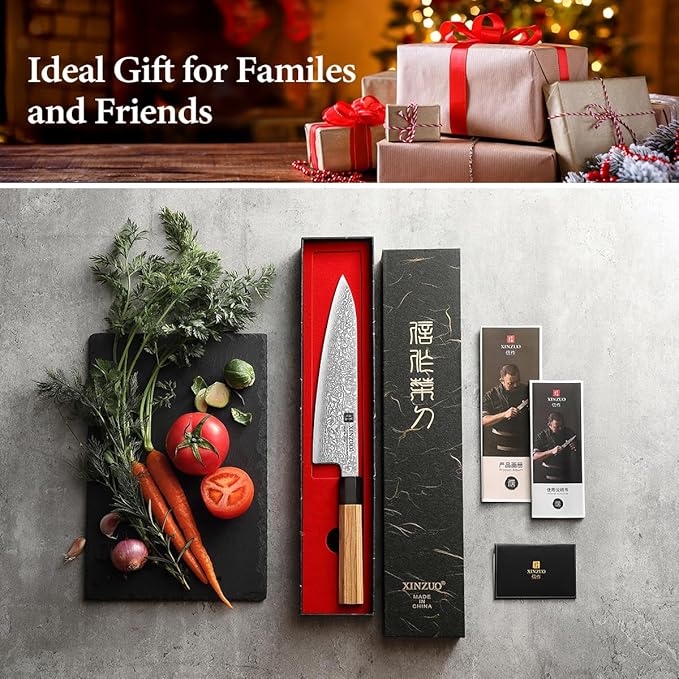 XINZUO 8.5 Inch Chef Knife, 67 Layers Hand Forged Damascus Steel Kitchen Knife Professional, Japanese Chef Knife for Chefs and Home Cooking, Ultra Sharp,Olive Wood Octagonal Handle