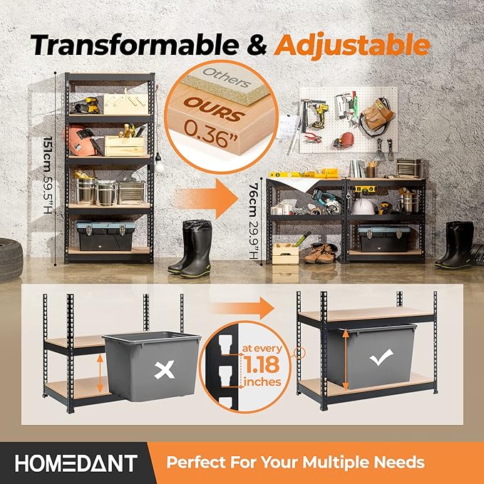 HOMEDANT 28"W x 12.3"D x 59.5"H 5-tier Boltless Metal Shelving Unit Adjustable Garage Storage Utility Rack Heavy Duty Shelves Organization Multipurpose Shelf Warehouse Kitchen Living Room pantry 2Pack
