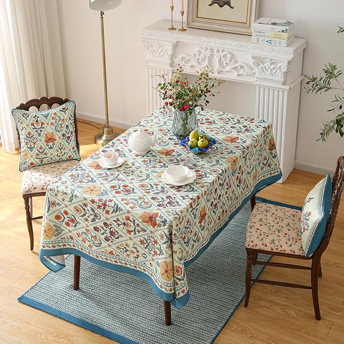 ISAENNE Designer Linen Elegant Long Rectangle Table Cloth,Colorful Floral Bohemian Tablecloth,Wrinkle Resistant Decor Tablecloths for Dining Thanksgiving Kitchen,63"*94"-Floralsea A