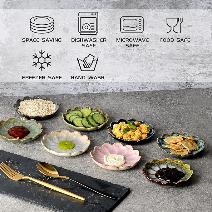 Ceramic Dipping Bowls Set of 8, 3 oz Sauce Cups, Chrysanthemum Round Small Side Dish for Sushi, Tomato, Soy Sauce, Condiment Finger Bowls