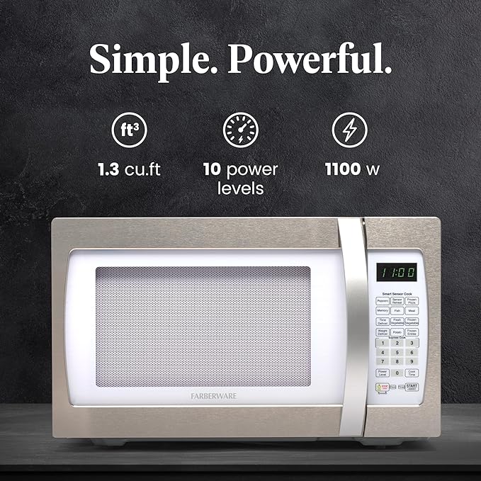 Farberware 1.3 Cu. Ft. Countertop Microwave Oven – 1100 Watts Power, Smart Sensor Auto Cook Settings, Defrost, Easy Clean and Child Safety Lock - White Platinum