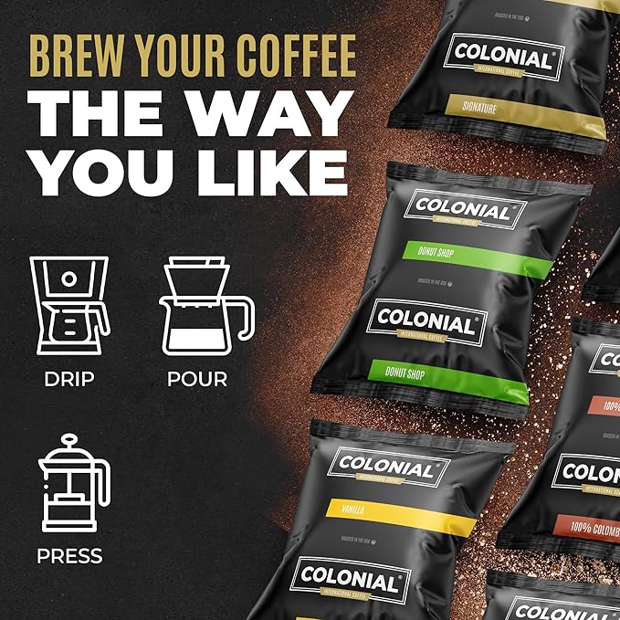 Colonial Coffee 100 Count Single Pot Coffee Packets – 100% Arabica Donut Shop Blend Medium Roast | Pre-Measured Frac Packs for 12 Cup Maker | Bulk Ground Gourmet Coffee for Home & Office