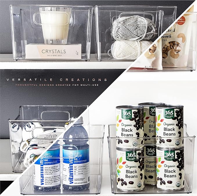 BINO | Plastic Storage Bins - 4 Pack | THE LODGE COLLECTION | Clear Storage | Containers for Organizing with Handles | Pantry Kitchen Organization | Fridge Organizer | Bathroom | Shelves Cabinet